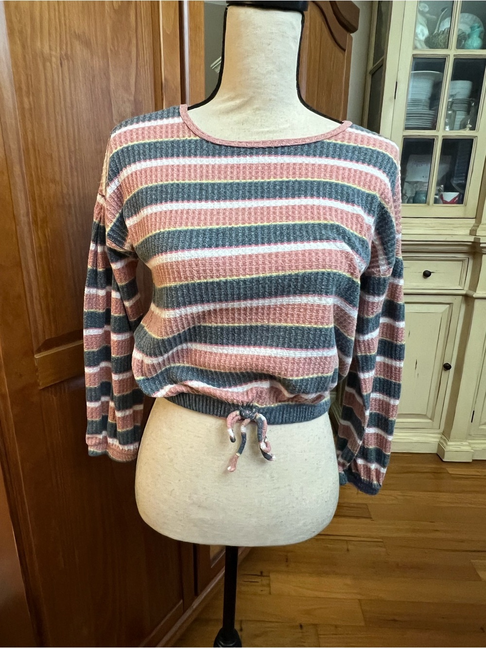 Nordstrom Striped Pink, Gray & Cream Drawstring Waffle-Knit Top